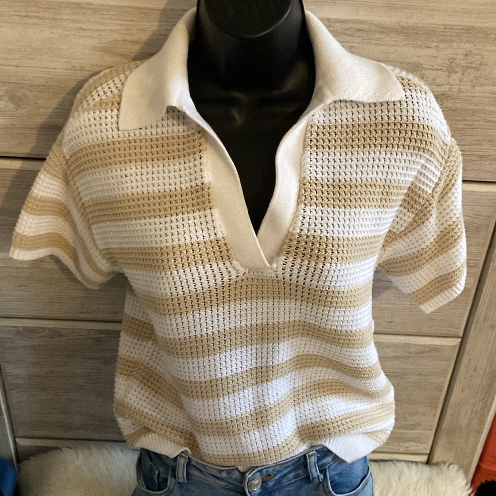 LIKE NEW! LOFT Textured Polo Knit Stripe Tee Sweater Tee Short Sleeve Women’s XS